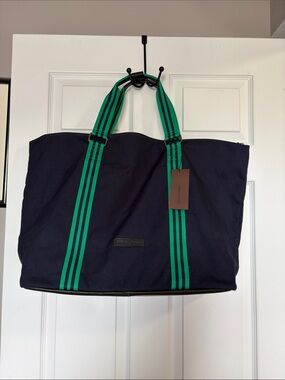 Baekgaard Tom Zipper Tote Navy Canvas Tote with Green Stripe Handles